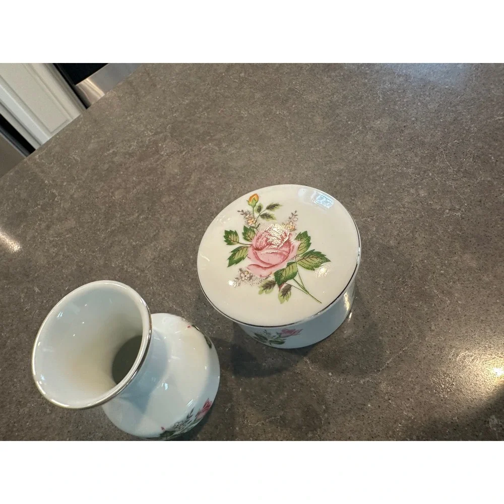 Leart Brazil Porcelain Pink Rose Trinket Jar and Bud Vase Set Silver Rim Vintage